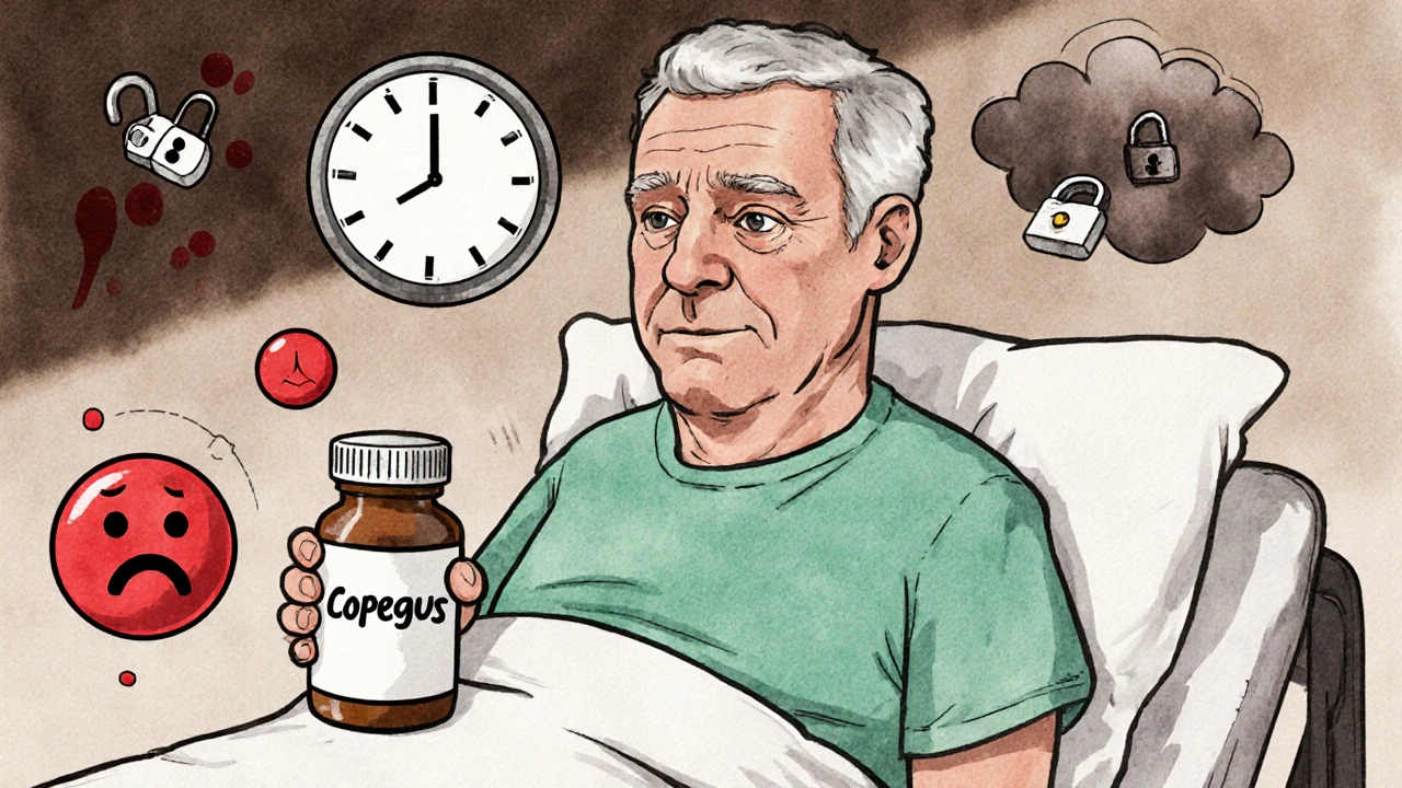 A tired man on a hospital bed holding Copegus, surrounded by symbols of its side effects and long treatment.