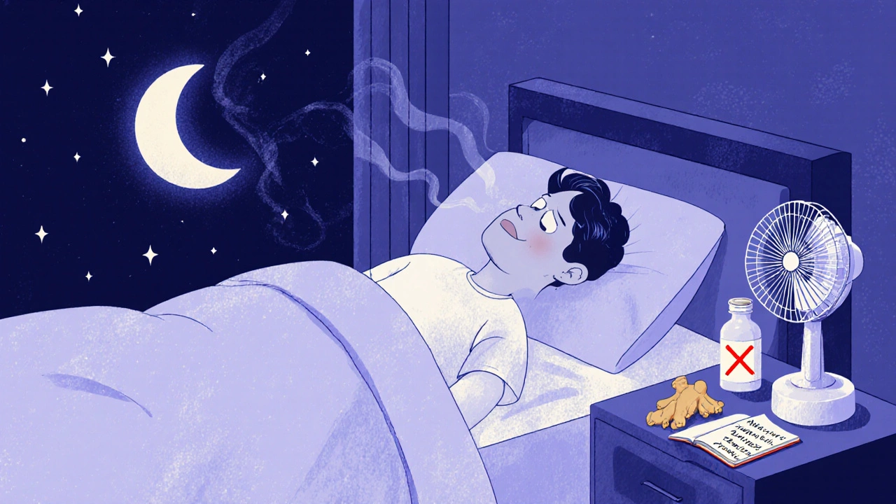 Person sleeping peacefully at night with a fan and magnesium supplement nearby, moonlight shining through the window.