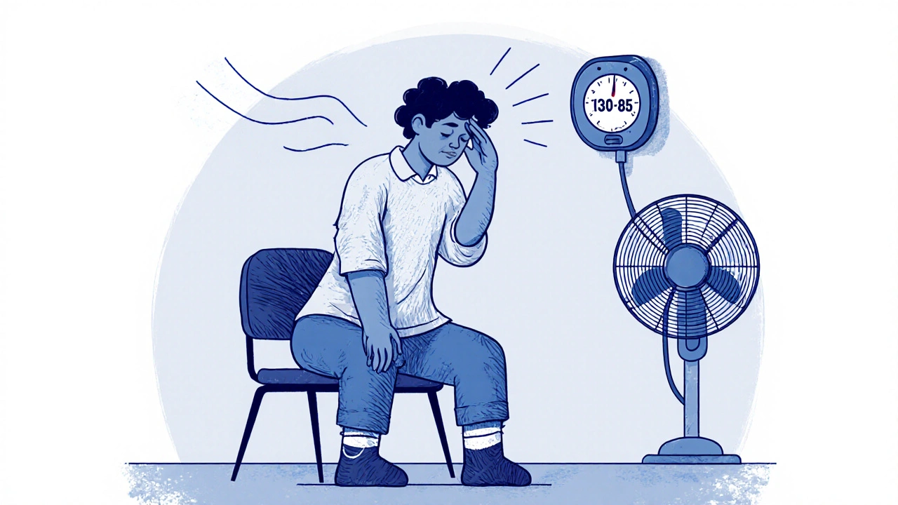 Person standing slowly from a chair, showing signs of dizziness, wearing compression socks and near a blood pressure monitor.