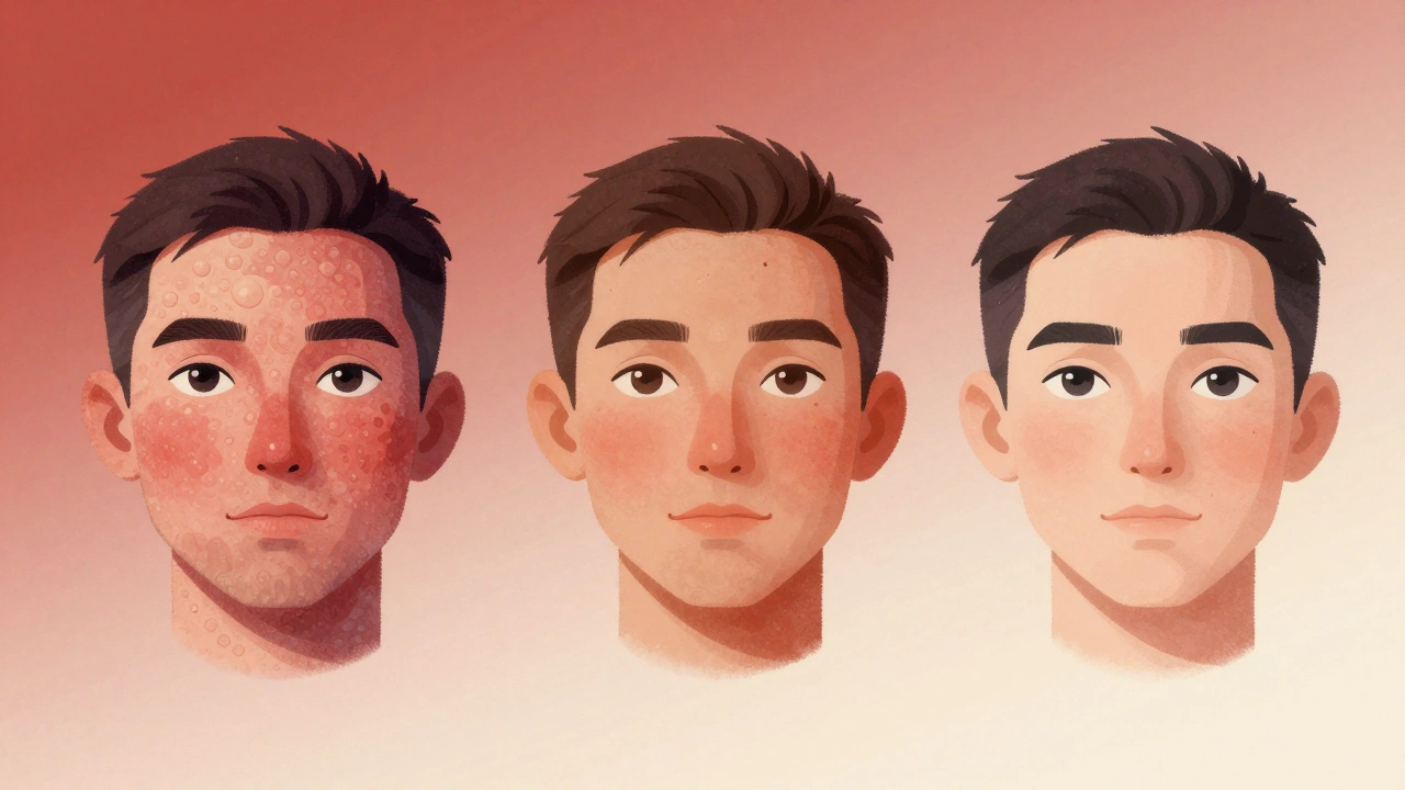 Three-panel illustration showing rosacea improvement over 12 weeks: inflamed, healing, and clear skin.