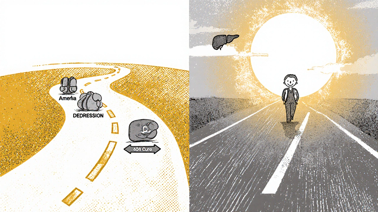 Two treatment paths: one hard and long with side effects leading to cure, the other smooth and quick.