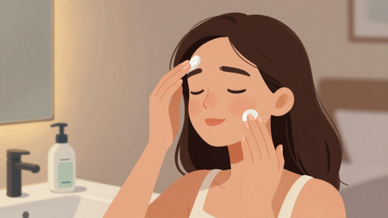 Woman gently applying Soolantra cream to her face at night with soft bedroom lighting.