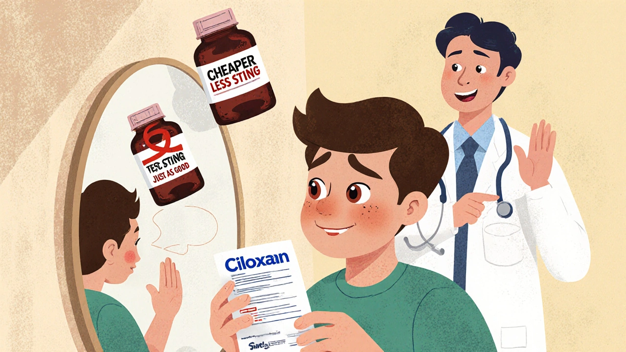 A patient holding a Ciloxan prescription, looking at alternatives while a doctor advises against OTC remedies.
