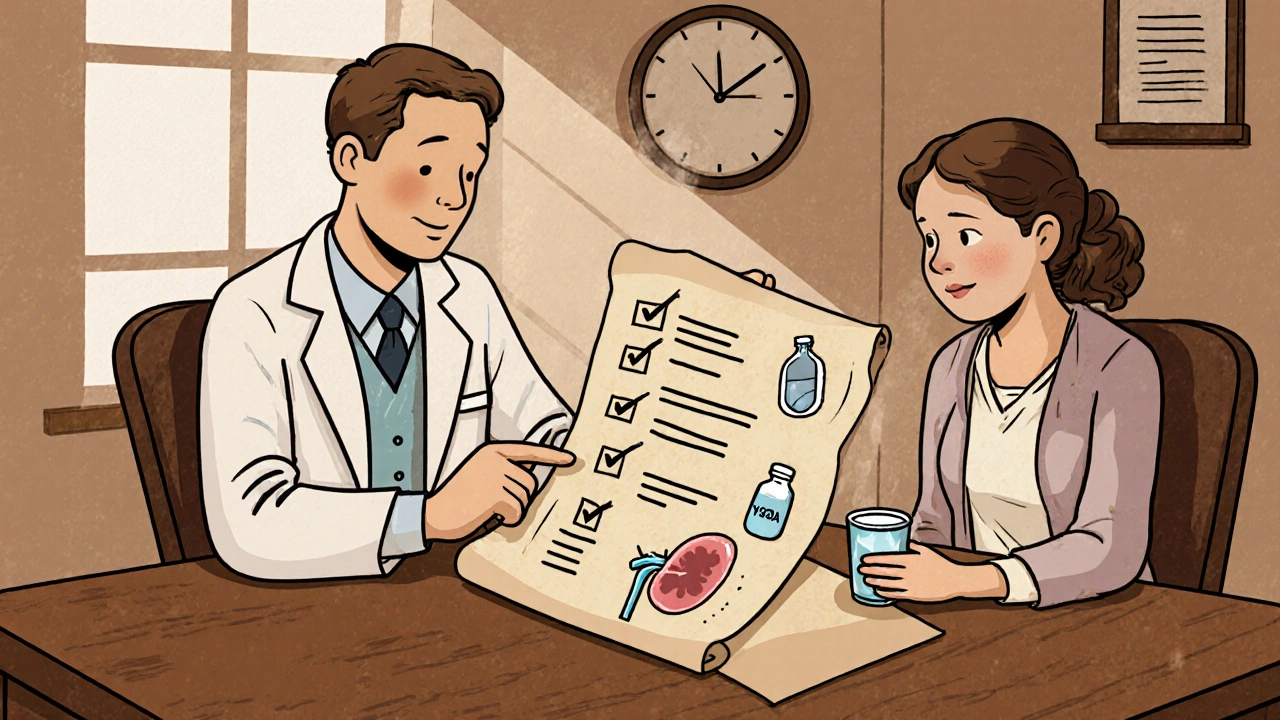 Cartoon doctor and patient review a checklist with kidney and water icons.