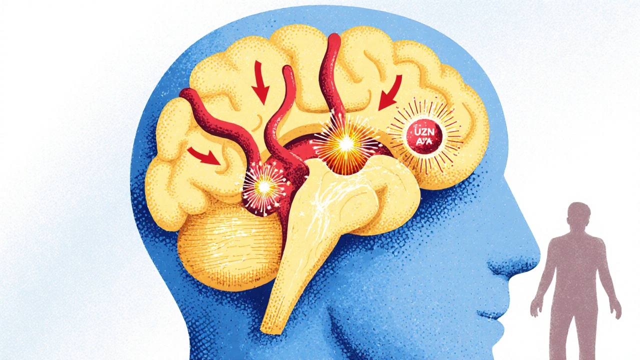 Cartoon illustration of dilated brain vessels, glowing neurons, and mitochondria producing ATP.