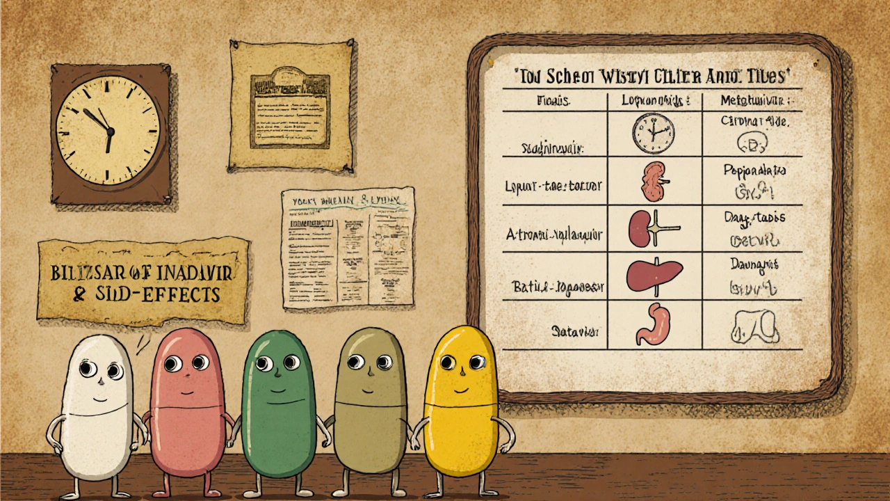 Cartoon pill characters representing five HIV drugs compare dosing and side‑effects.