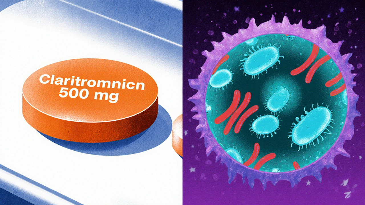 Clarithromycin tablets beside a magnified macrophage filled with bacteria and drug particles.