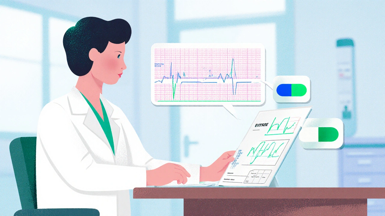 Clinician reviews ECG, liver tests, and alternative antibiotic icons on a patient chart.