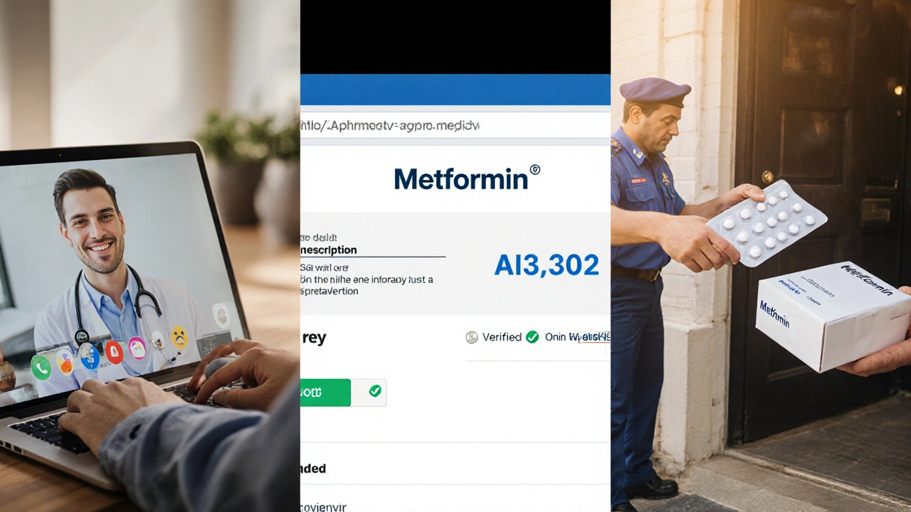 Collage of video doctor consult, prescription upload, and delivery of Metformin tablets.