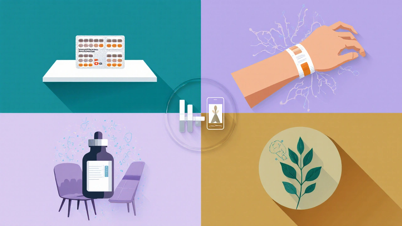Collage of Zyban pills, nicotine patch, varenicline tablets, Cytisine plant, and therapy icons.