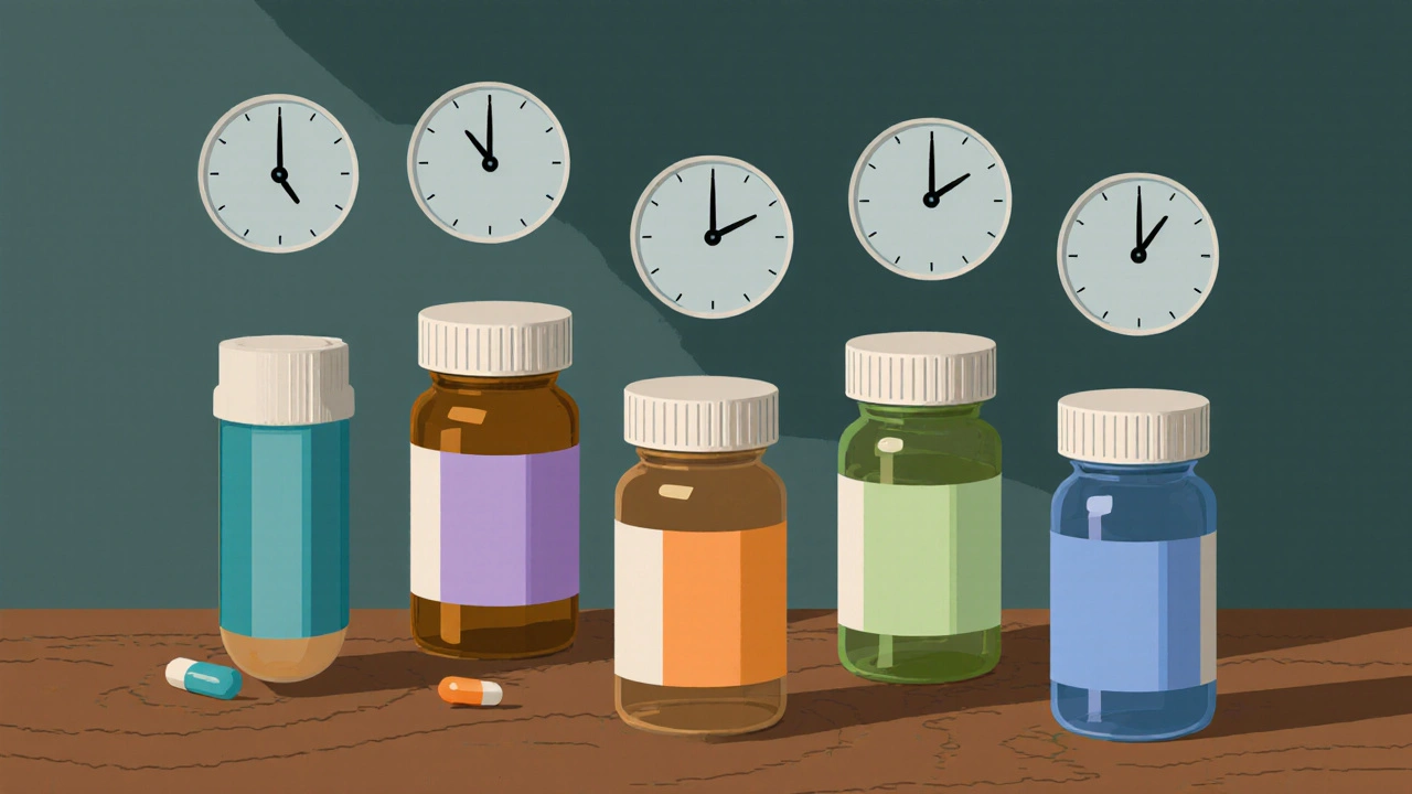 Colorful pill bottles representing various antidepressants on a wooden table.