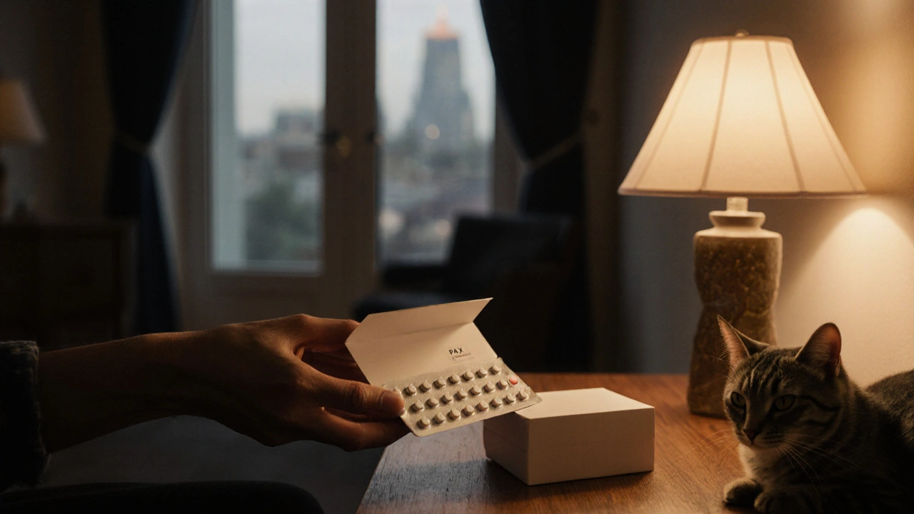 Cozy hallway scene showing opened medication box with Paxil tablets and a cat nearby.