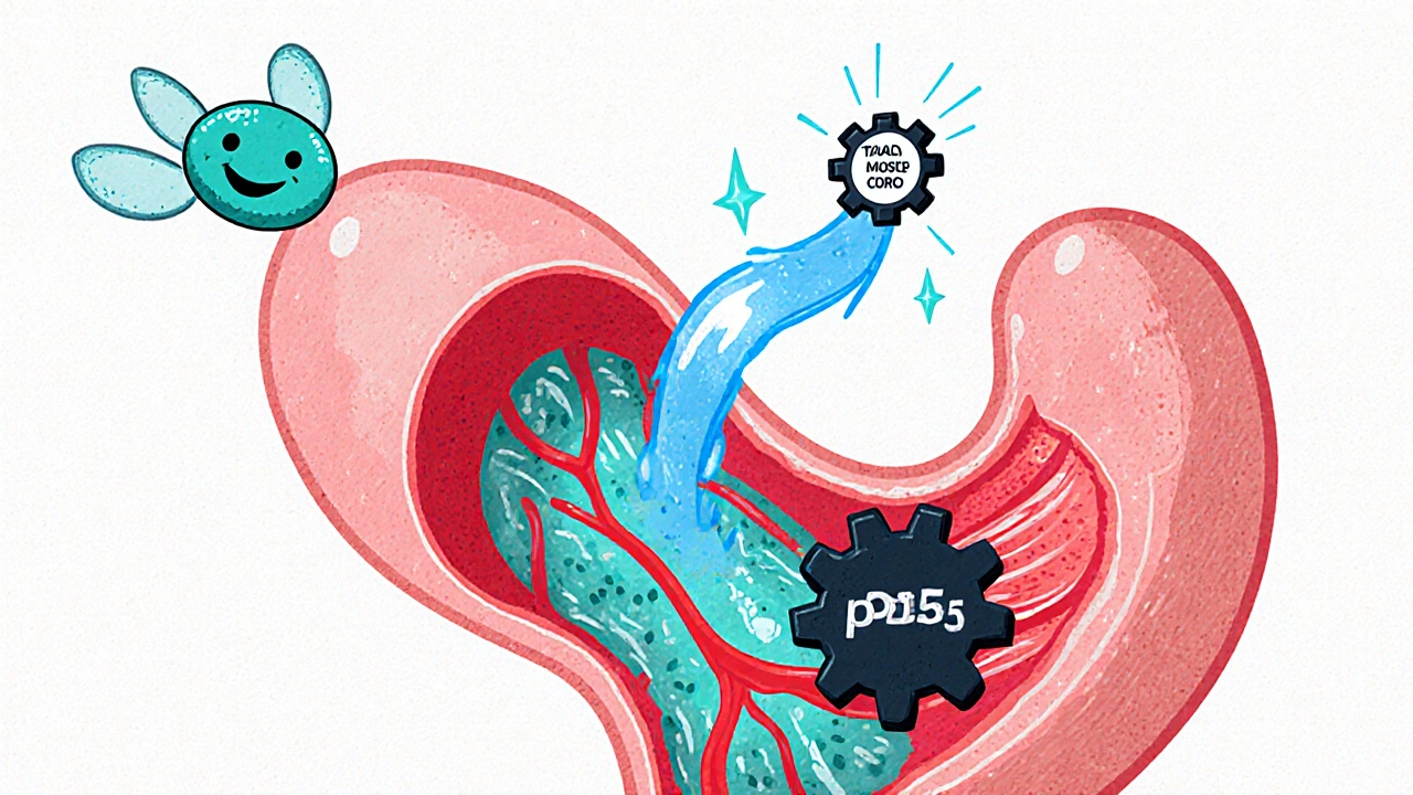 Cross‑section cartoon showing tadalafil increasing blood flow in a penis with cGMP wave.