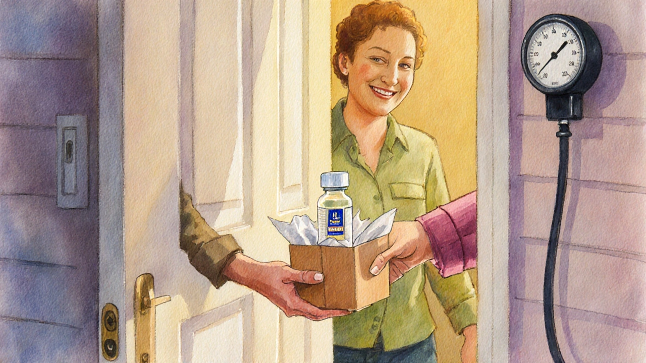 Delivery person gives a box containing lisinopril bottle to a happy homeowner.