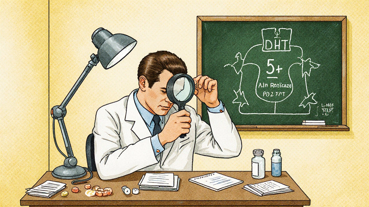 Dermatologist examining a man's scalp with a magnifying lamp in a 1990s clinic.
