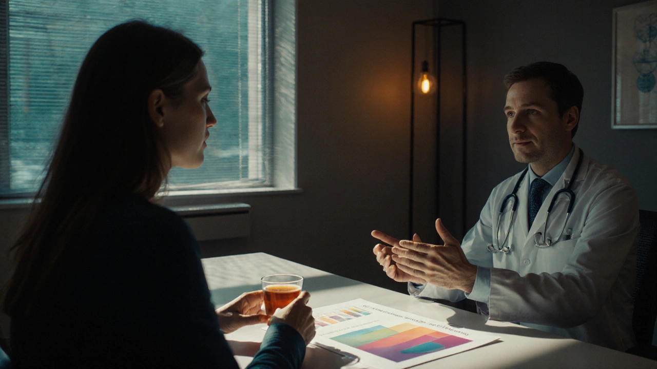 Doctor and patient discussing medication options in a softly lit office.