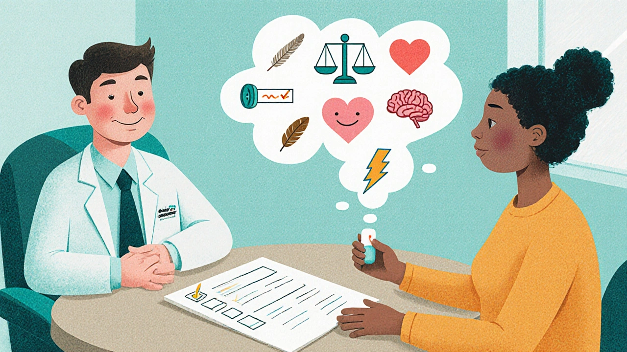Doctor and patient reviewing a checklist with icons for smoking, weight, mood, and brain effects.