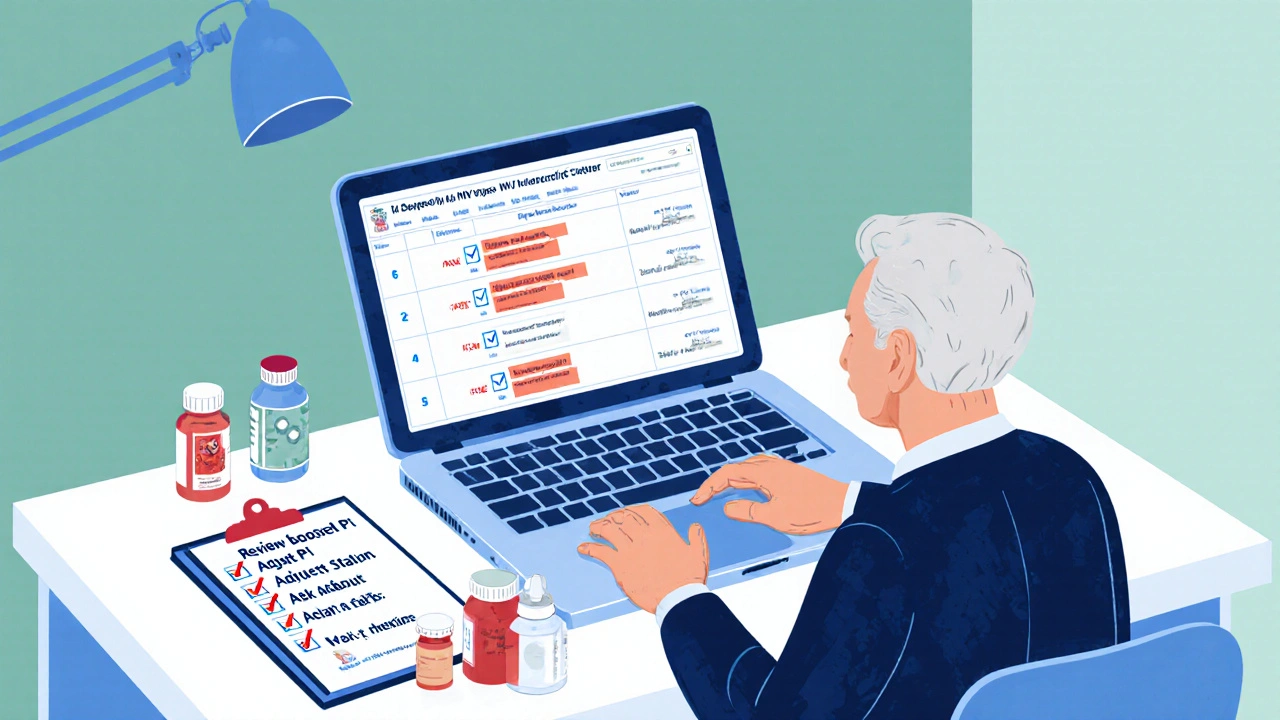 Doctor using drug interaction checker beside elderly patient with multiple medication bottles and checklist.