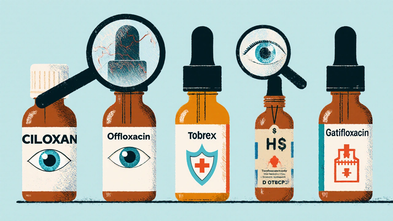 Five antibiotic eye drop bottles compared, each with icons representing infection type, cost, and use case.