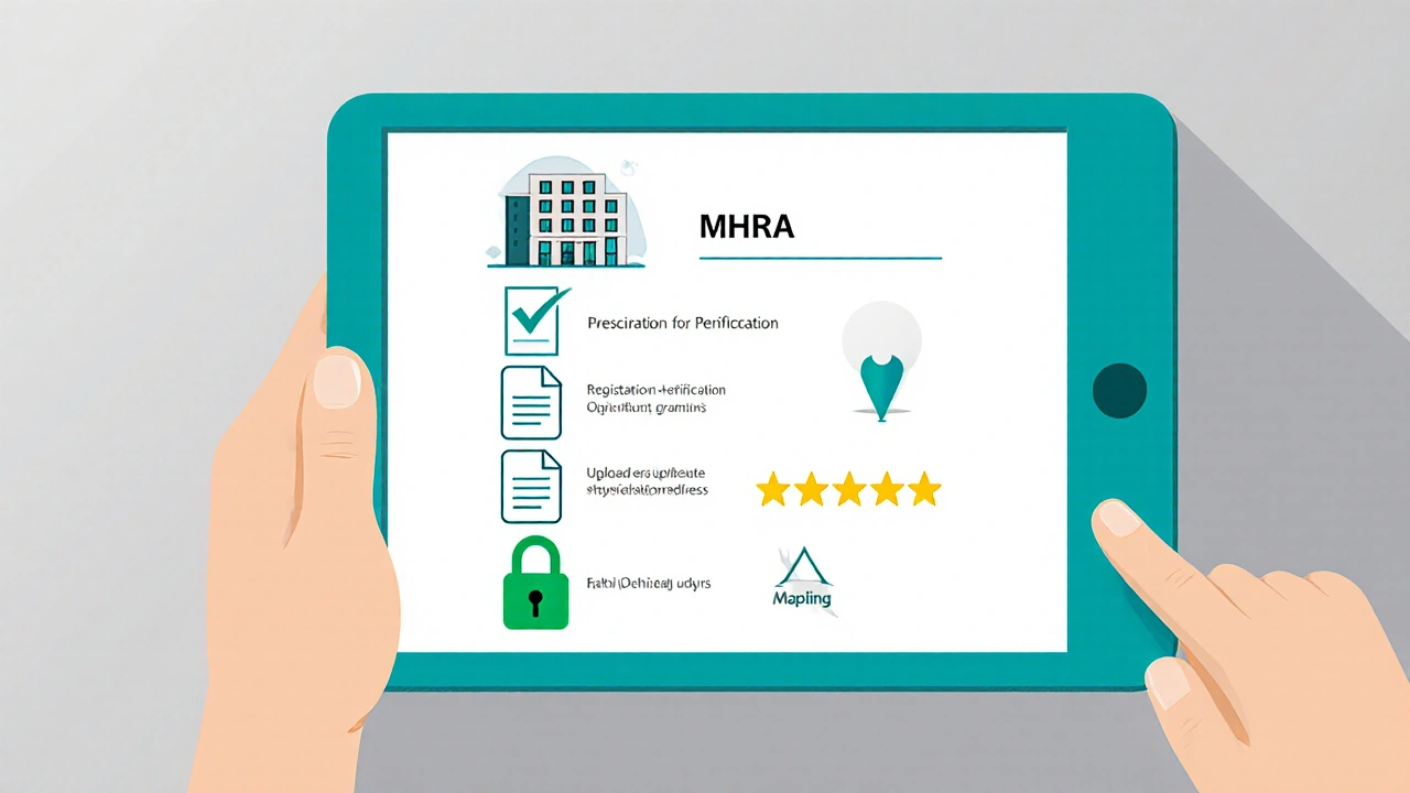 Flat‑design checklist icons for pharmacy verification on a tablet.