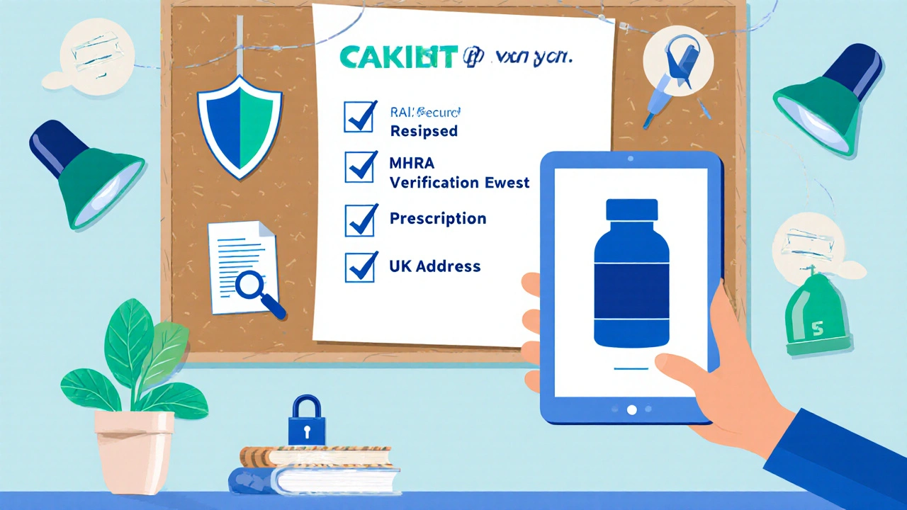 Flat illustration of a checklist with icons representing secure online pharmacy criteria.