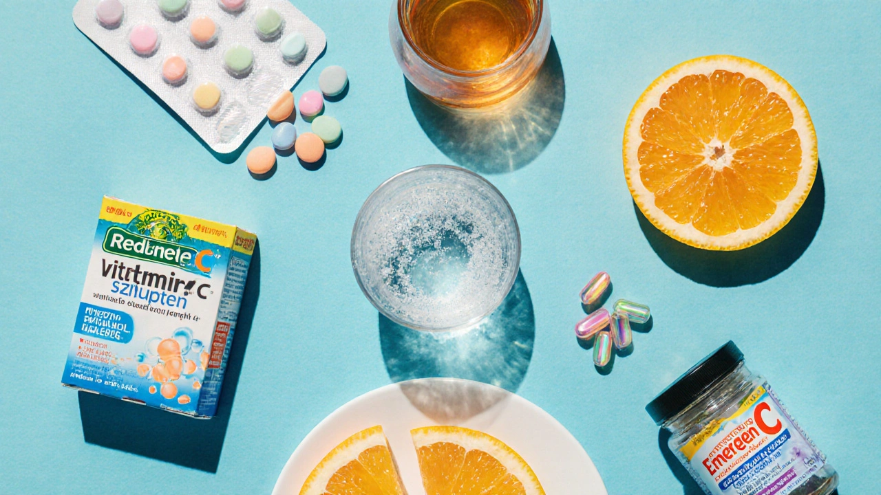 Flat lay of different vitamin C forms: tablets, fizzing drink, chewables, powder, oranges, capsules.