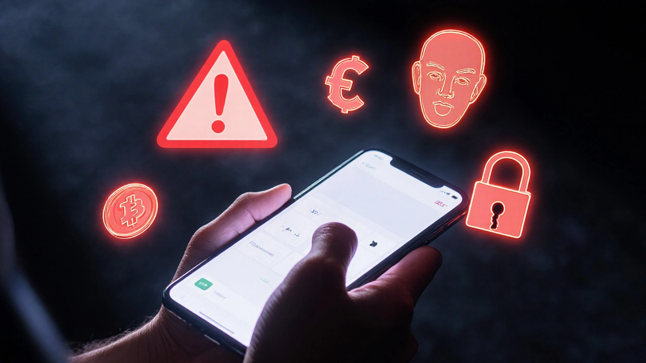 Hand holding phone with floating warning symbols indicating scam risks.