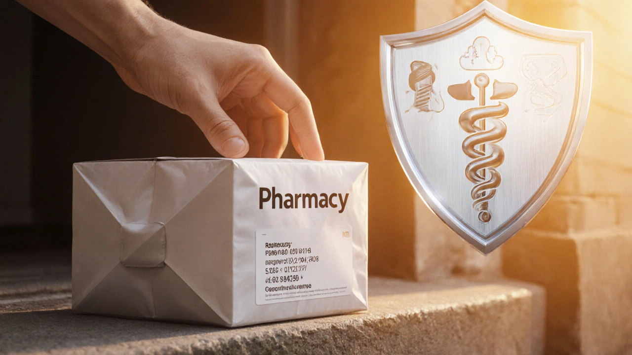 Hand receiving a pharmacy parcel with label and safety shield motif at sunrise.