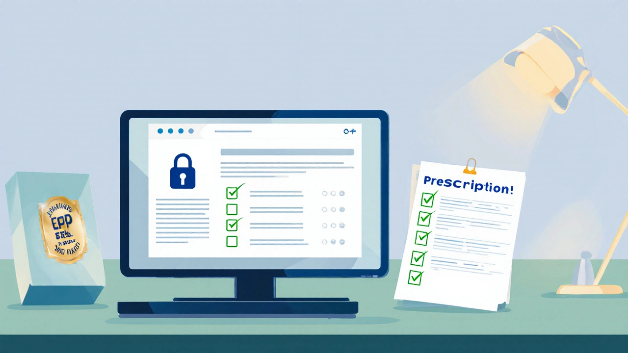 Illustrated desk with laptop, secure pharmacy site, checklist, and prescription scan.