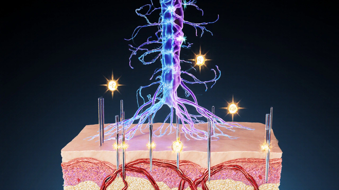 Illustration of nerves, endorphins, and reduced histamine around acupuncture needles.