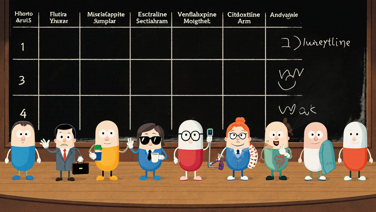 Lineup of cartoon pill characters each representing a different antidepressant with distinct traits.