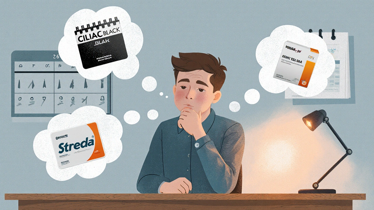 Man at a desk thinking about different ED pills shown in floating thought bubbles.