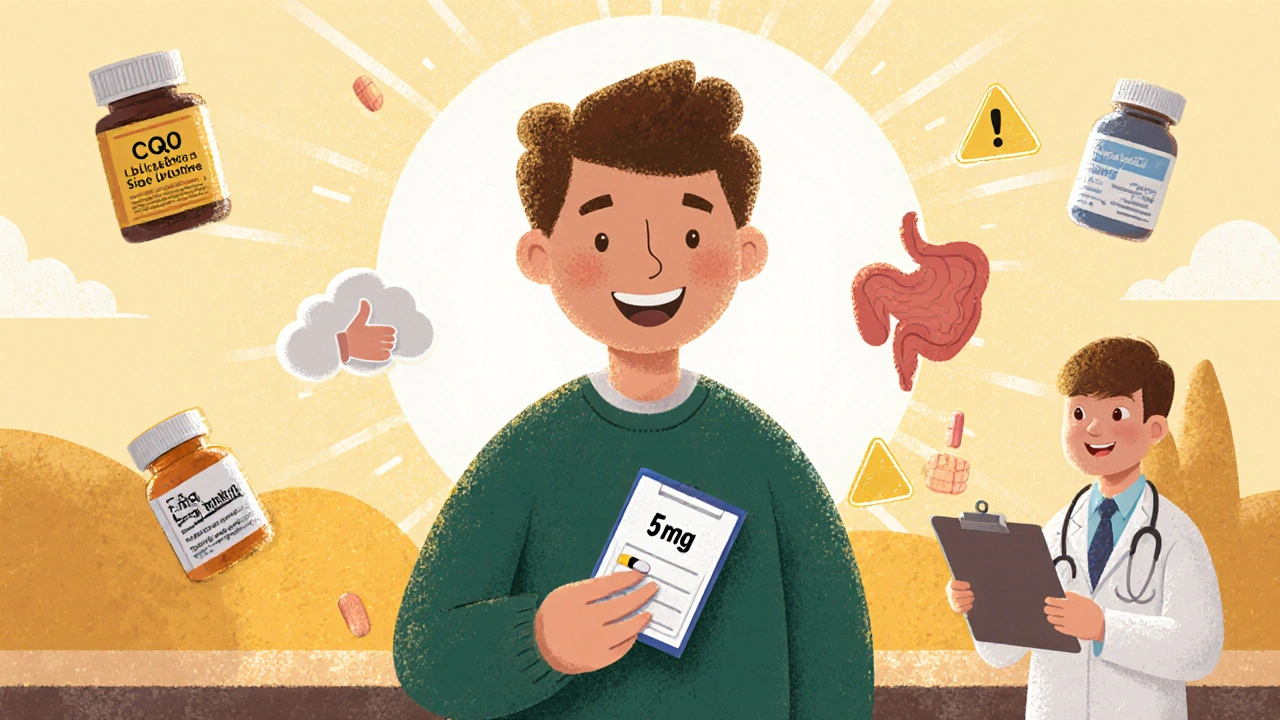 Morning scene of a person holding a pill organizer with supplement icons and a doctor, in textured cartoon style.