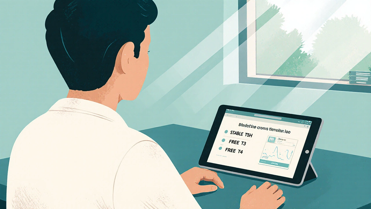 Patient and doctor reviewing stable thyroid lab results in exam room.