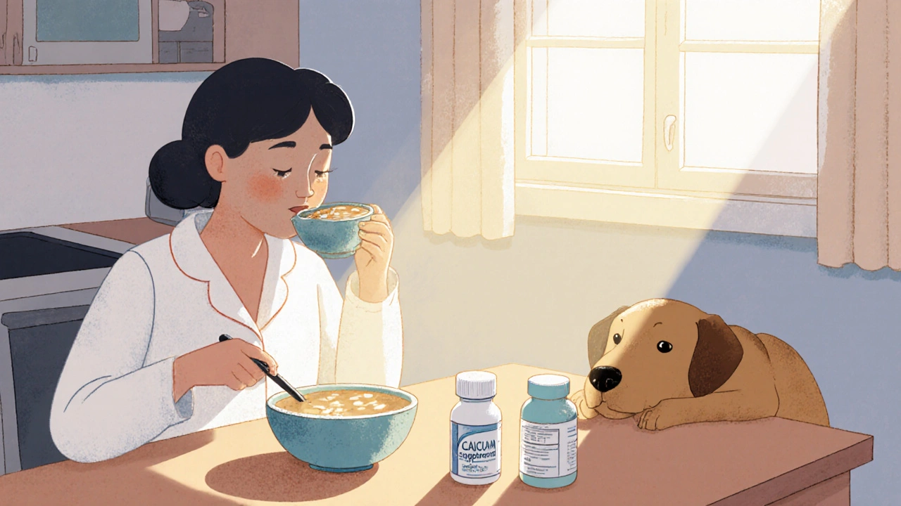 Patient rests at home sipping soup with calcium and hormone pills.
