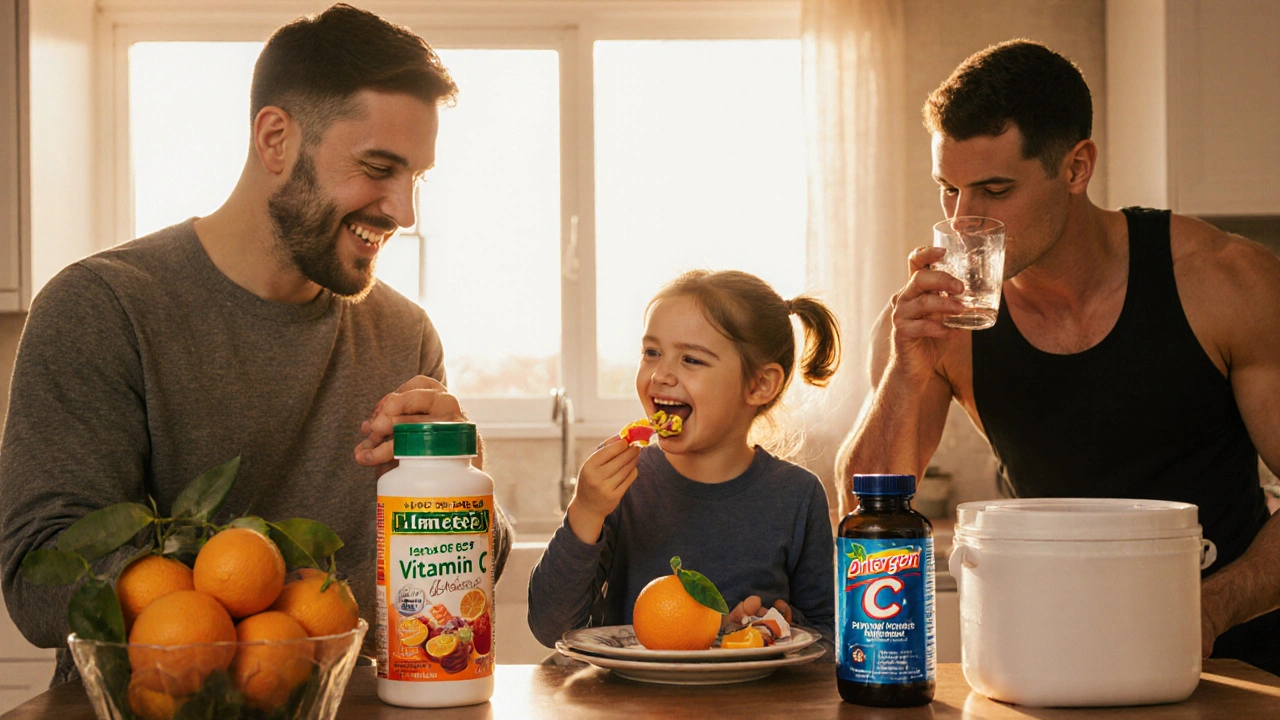 People selecting various vitamin C options: adult with Limcee, child with chewables, athlete with powder drink.