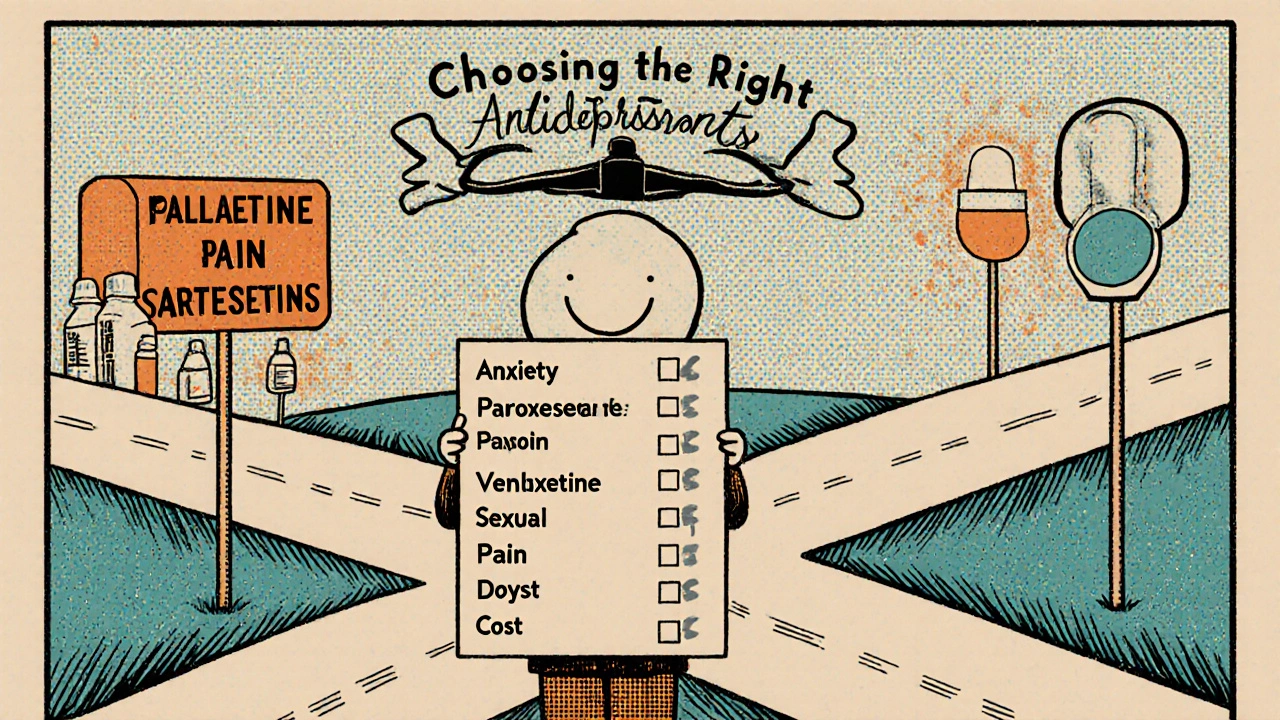 Person at a crossroads holding a checklist, with roads labeled by antidepressant options and a balancing scale.