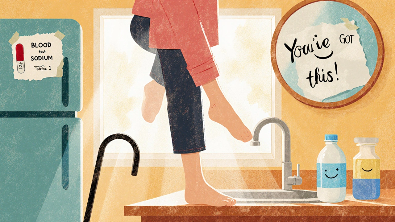 Person doing balance exercise at kitchen sink, with blood test note and water bottle visible.