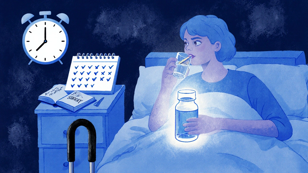 Person taking oxcarbazepine at night with water, journal and cane nearby in a calm bedroom setting.