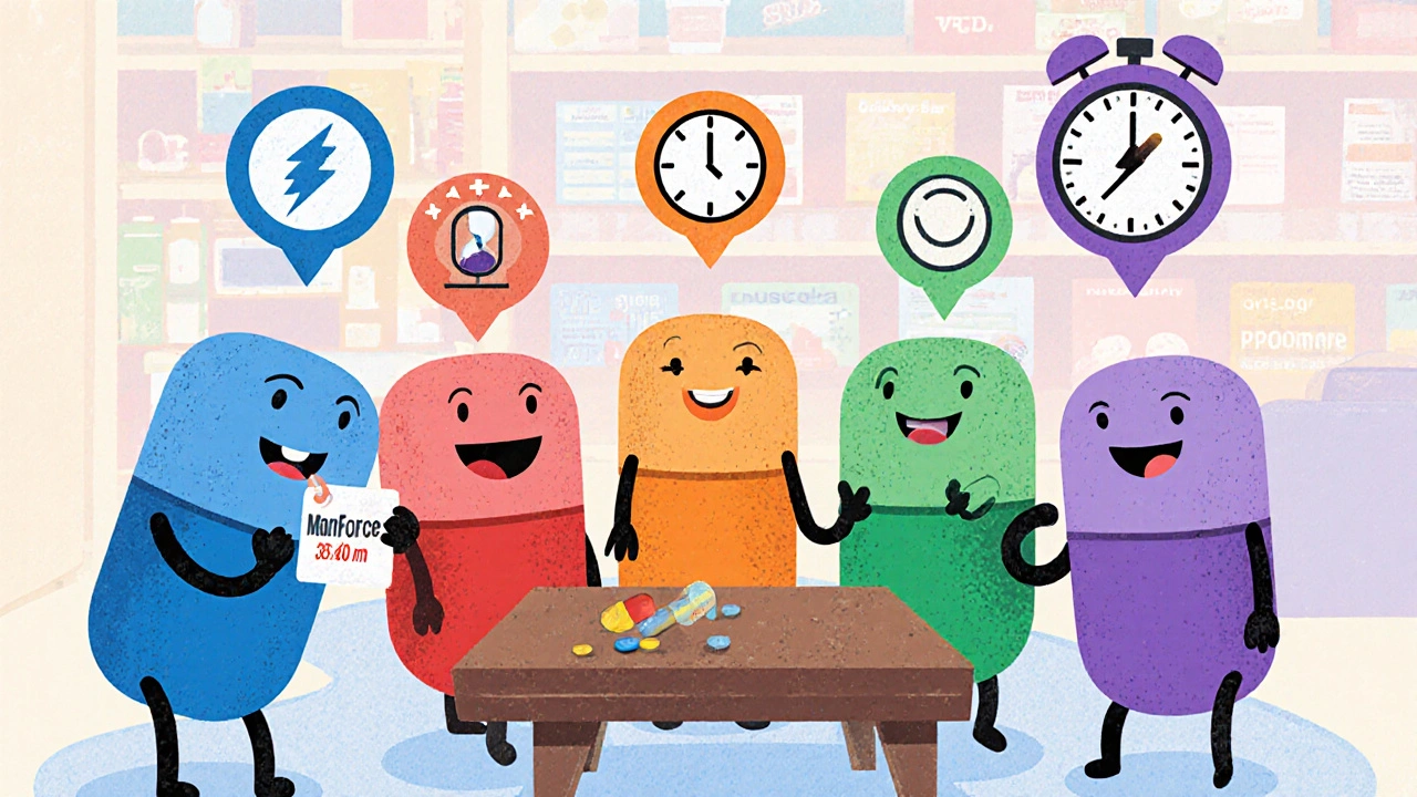 Personified pills representing ManForce, Viagra, Cialis, Levitra, and Stendra compare traits on a table.