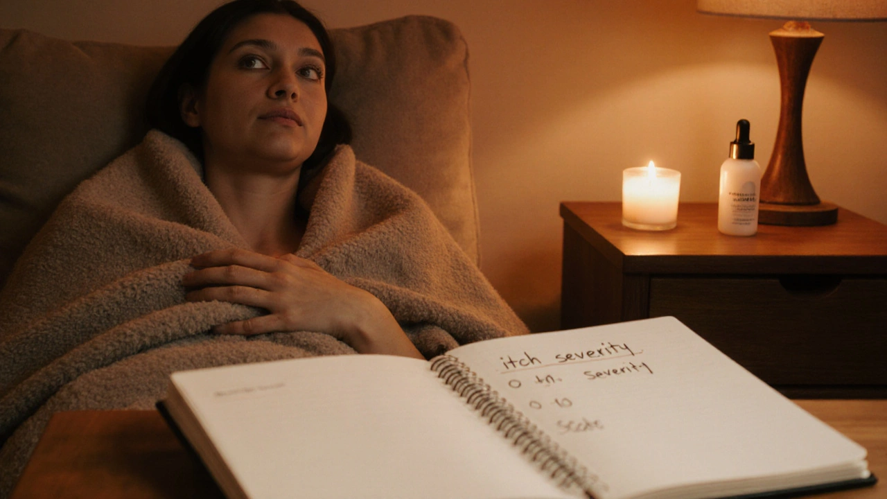 Relaxed patient resting after treatment with a diary, candle, and moisturizer nearby.