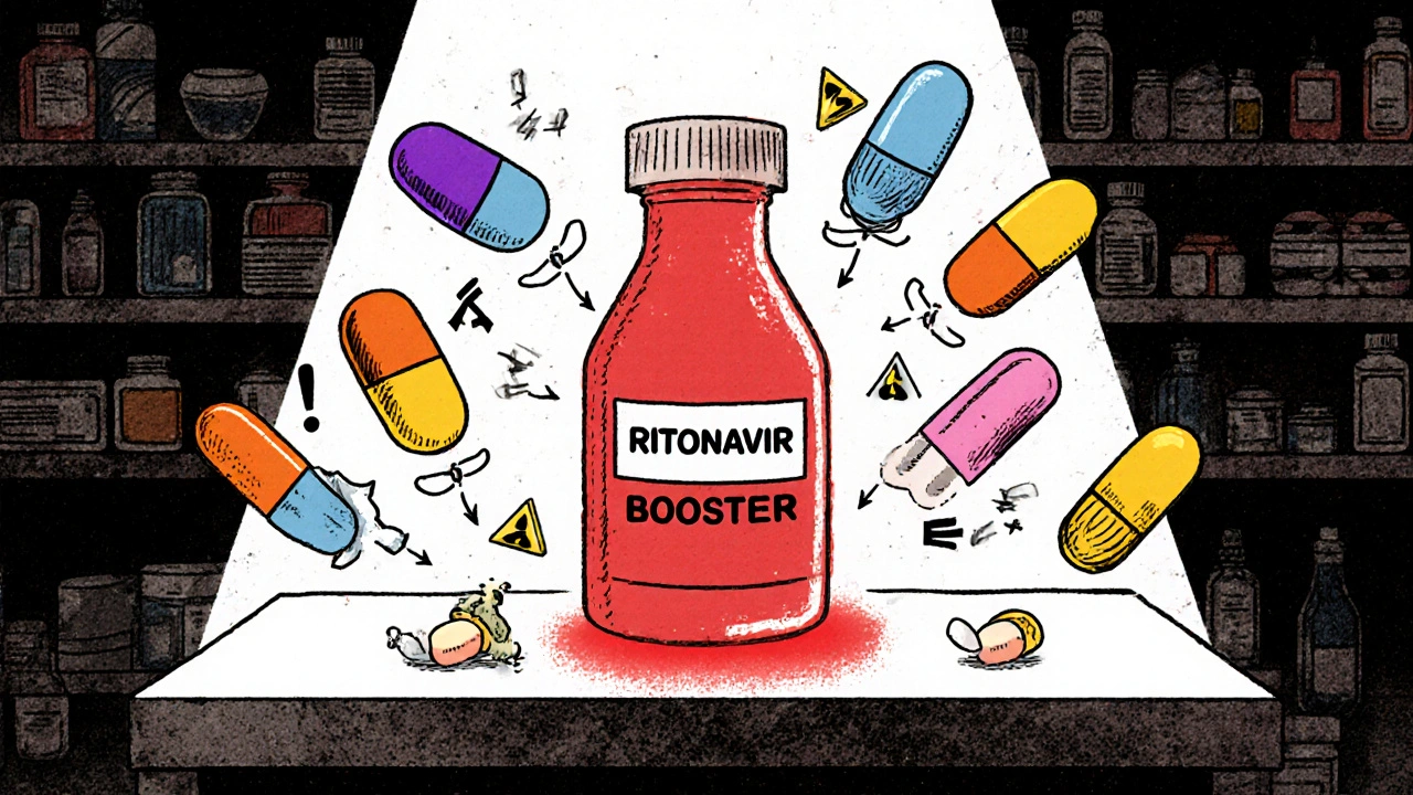 Ritonavir booster surrounded by warning arrows to simvastatin, fluoxetine, steroid inhaler, amlodipine, and sildenafil.