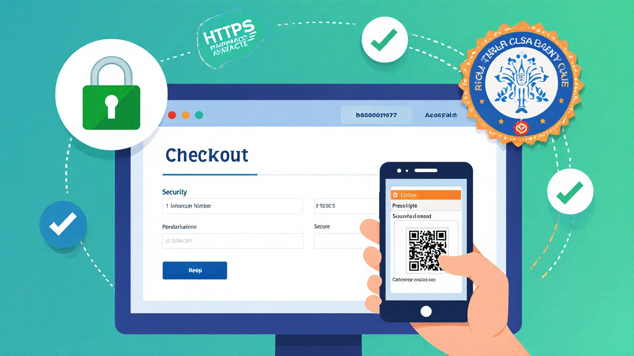 Screen showing online pharmacy verification icons and a scanned prescription.