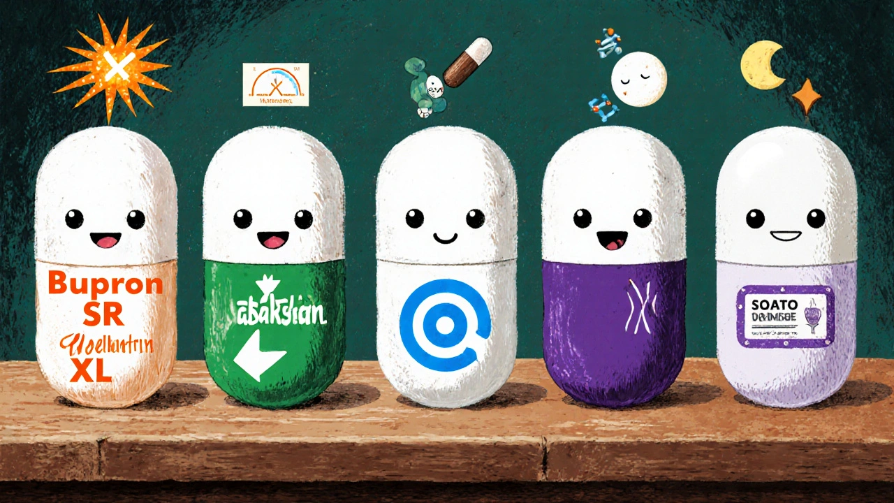 Seven pill characters on a table displaying their drug types and weight/side‑effect symbols.