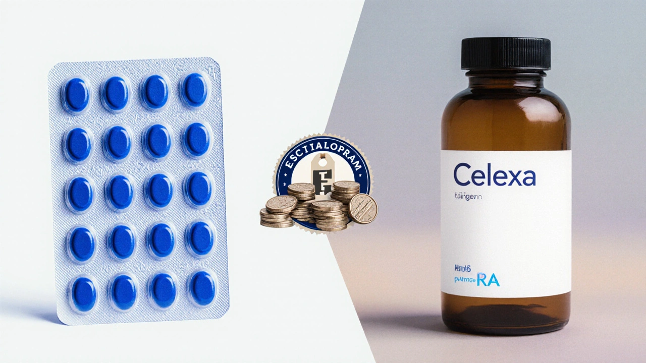 Side-by-side view of brand Celexa blister pack and generic escitalopram bottle.