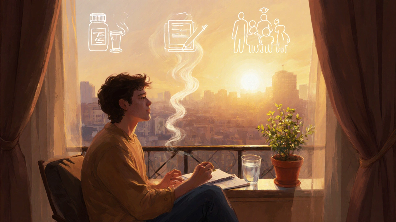 Smiling individual on a balcony at sunset, surrounded by symbols of quitting aids.