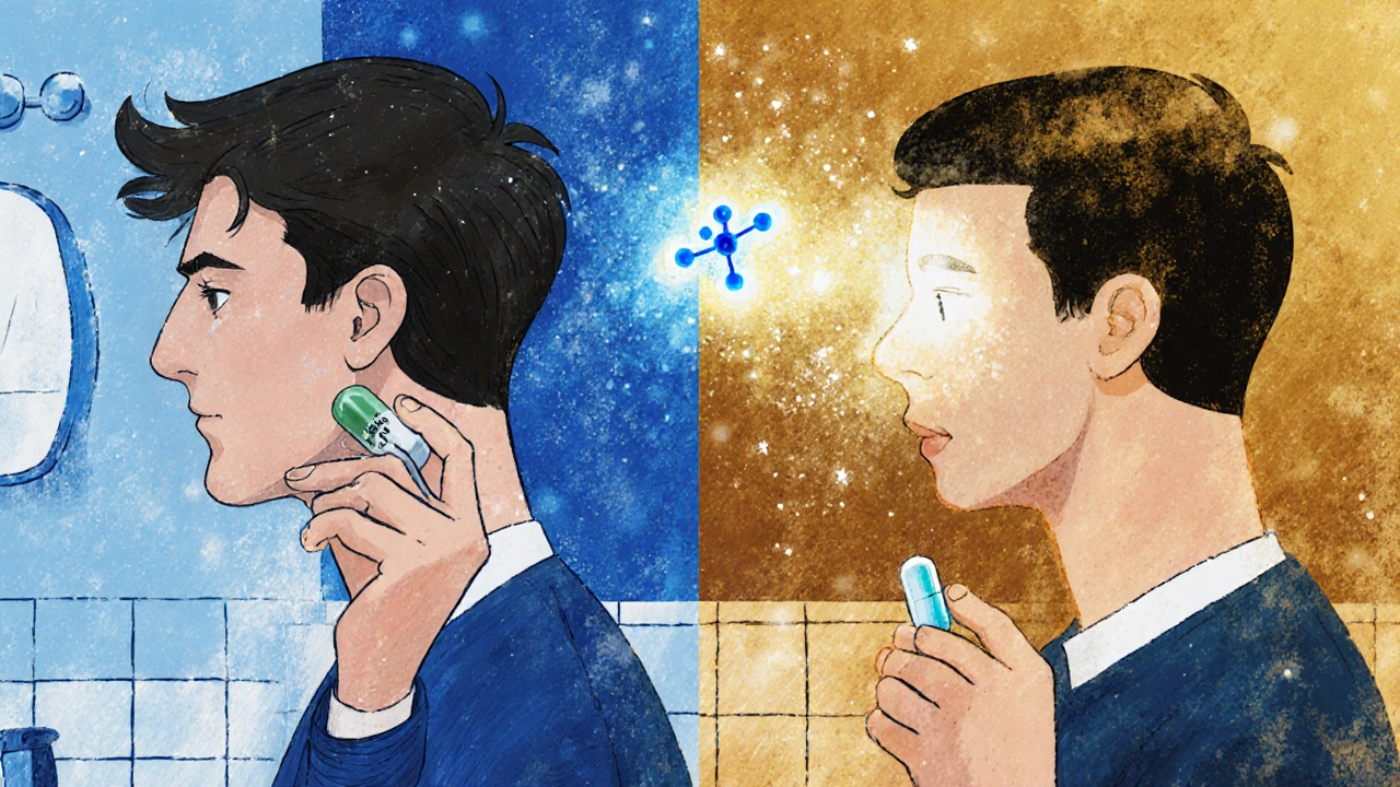 Split image of a man before and after finasteride treatment, with DHT molecule fading away.