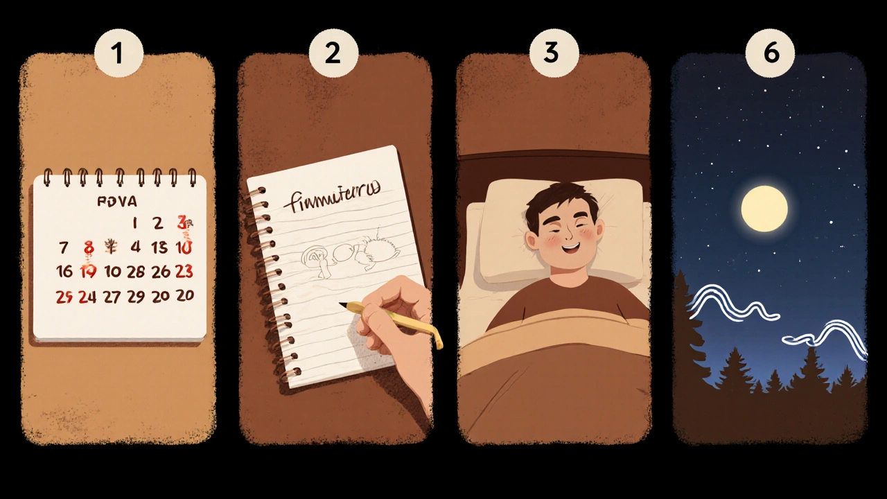 Storyboard of calendar, rating notebook, relaxed massage, and fading sound waves.
