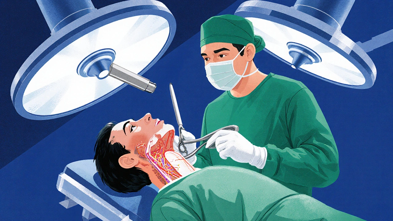 Surgeon performs a tiny neck incision while protecting nerves.