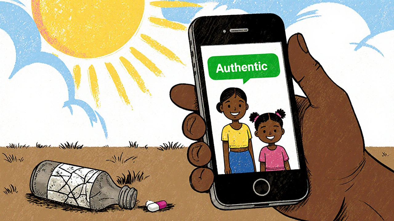 A health worker shows a mother a phone screen confirming medicine is authentic, sunlight behind them.